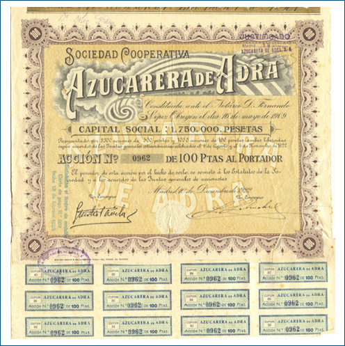 Detalle de una acción de la Sociedad Cooperativa de la Azucarera de Adra, fechada en 1922 y valorada en 100 pesetas.