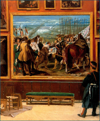 Miguel Pineda. Cuadro titulado Interior del Prado con el cuadro de Las Lanzas y soldado. Gentileza Galería Caylus. Madrid.
