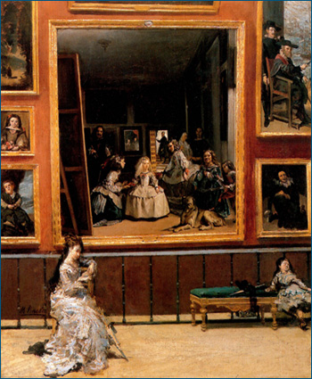 Cuadro titulado Interior del Prado con el cuadro de las Meninas y dama leyendo. Gentileza Galería Caylus. Madrid. 