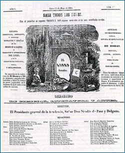 Cabecera de la portada del semanario “El Liceo Granadino”. Firmada por Pineda en la parte inferior izquierda. Nº 2. Lunes 14 de mayo de 1860.