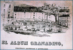 Detalle de la cabecera elaborada por Pineda y firmada a la izquierda. La litografía representa la Plaza del Triunfo.